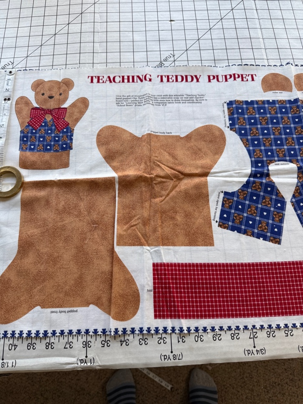 Vintage Cranston Teaching Teddy Puppet Fabric Panel 43x18 Cut & Sew